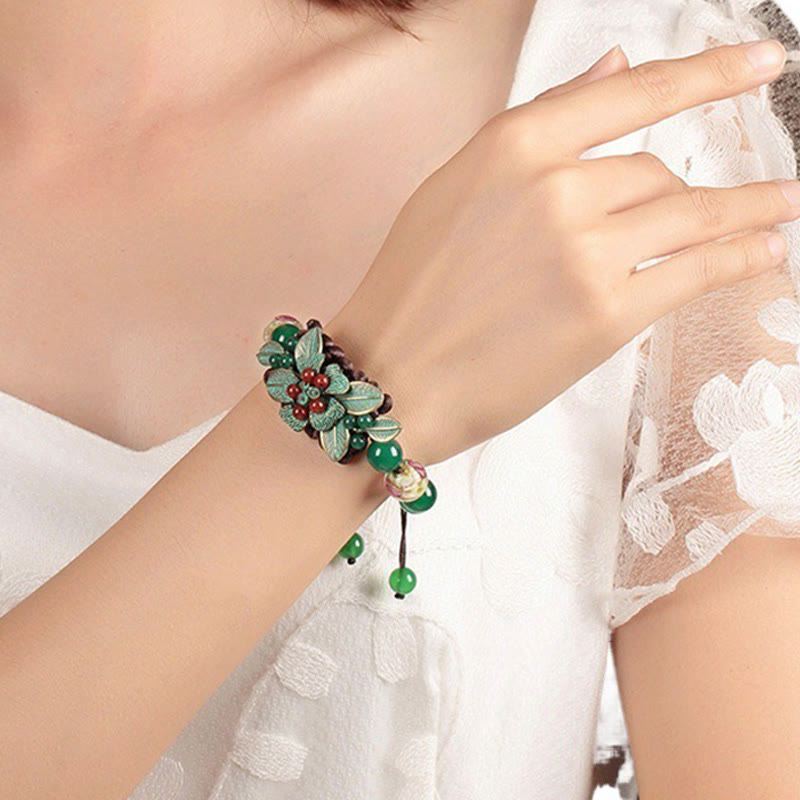 Fortune Jewel Green Agate Glass Flower Beads Braided Knot Support Bracelet