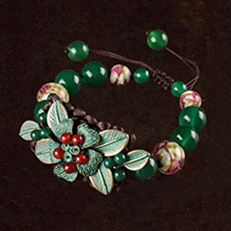 Fortune Jewel Green Agate Glass Flower Beads Braided Knot Support Bracelet
