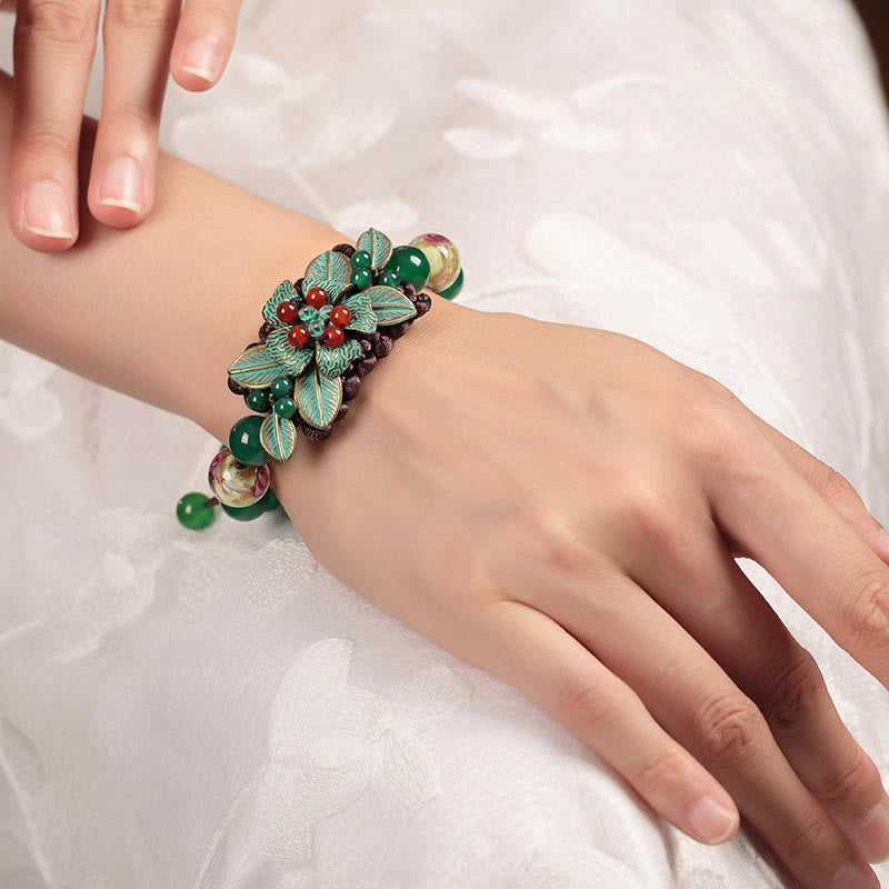 Fortune Jewel Green Agate Glass Flower Beads Braided Knot Support Bracelet