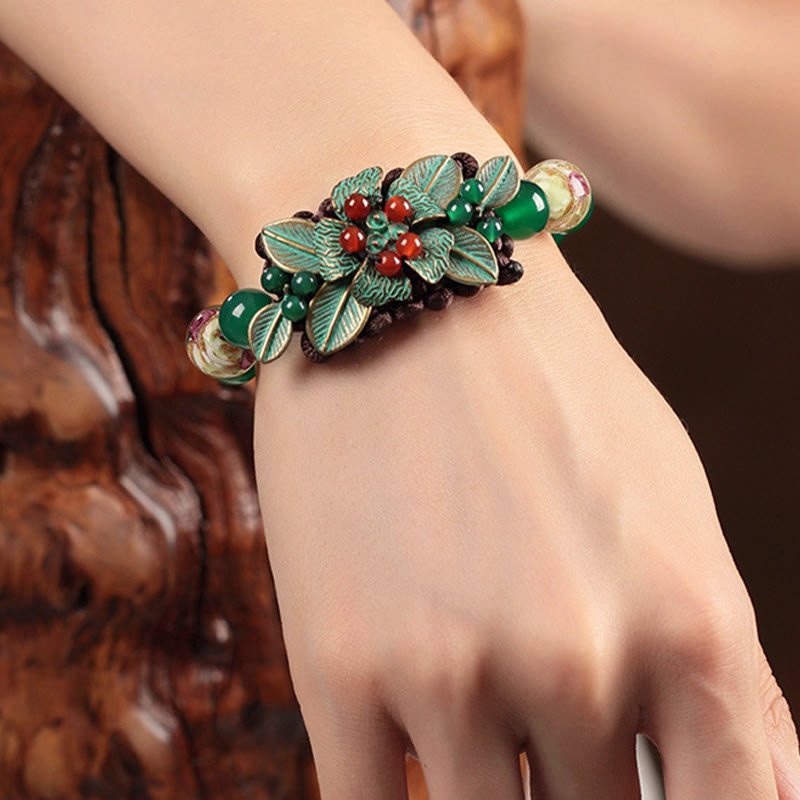 Fortune Jewel Green Agate Glass Flower Beads Braided Knot Support Bracelet
