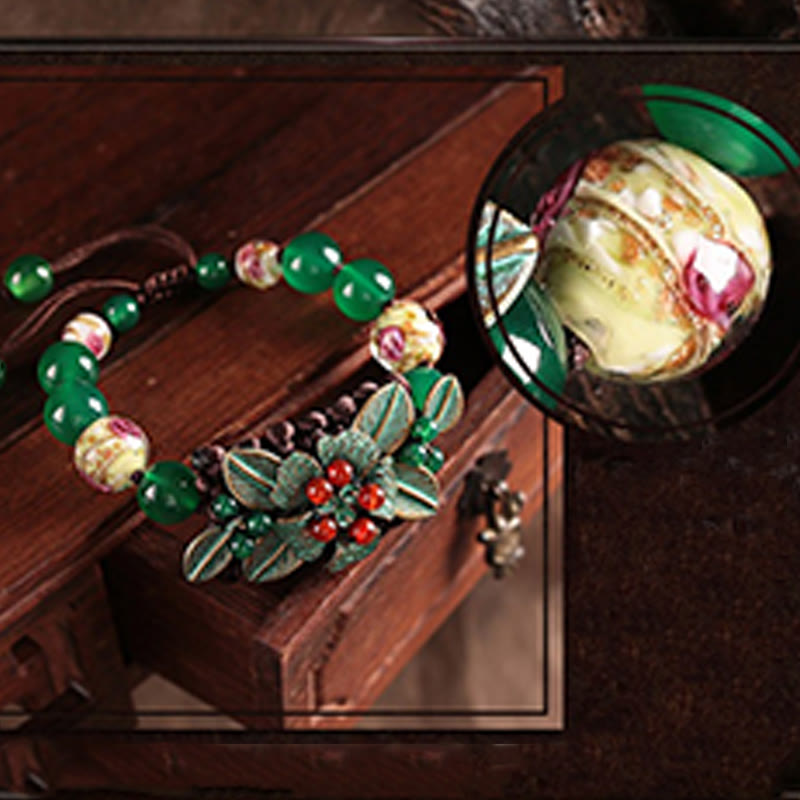Fortune Jewel Green Agate Glass Flower Beads Braided Knot Support Bracelet