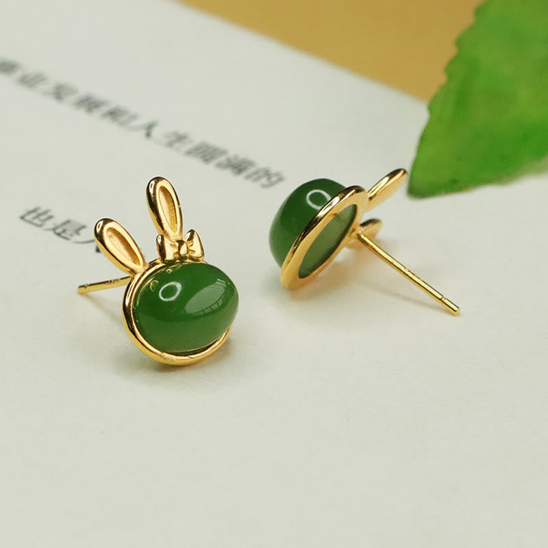 Fortune Jewel 925 Sterling Silver Hetian Cyan Jade Cute Rabbit Luck Stud Earrings
