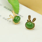 Fortune Jewel 925 Sterling Silver Hetian Cyan Jade Cute Rabbit Luck Stud Earrings