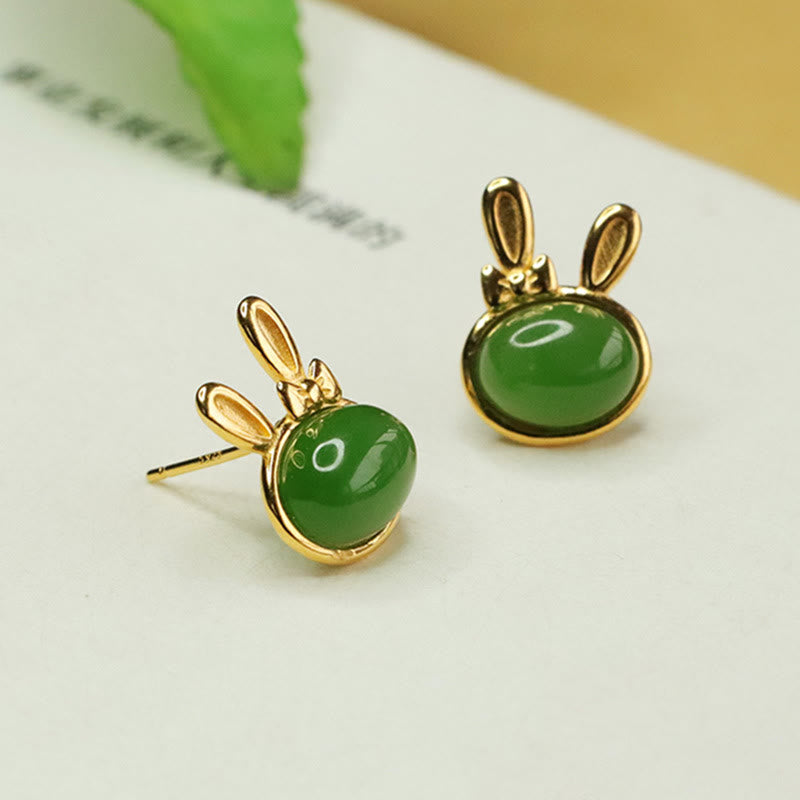 Fortune Jewel 925 Sterling Silver Hetian Cyan Jade Cute Rabbit Luck Stud Earrings