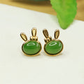 Fortune Jewel 925 Sterling Silver Hetian Cyan Jade Cute Rabbit Luck Stud Earrings