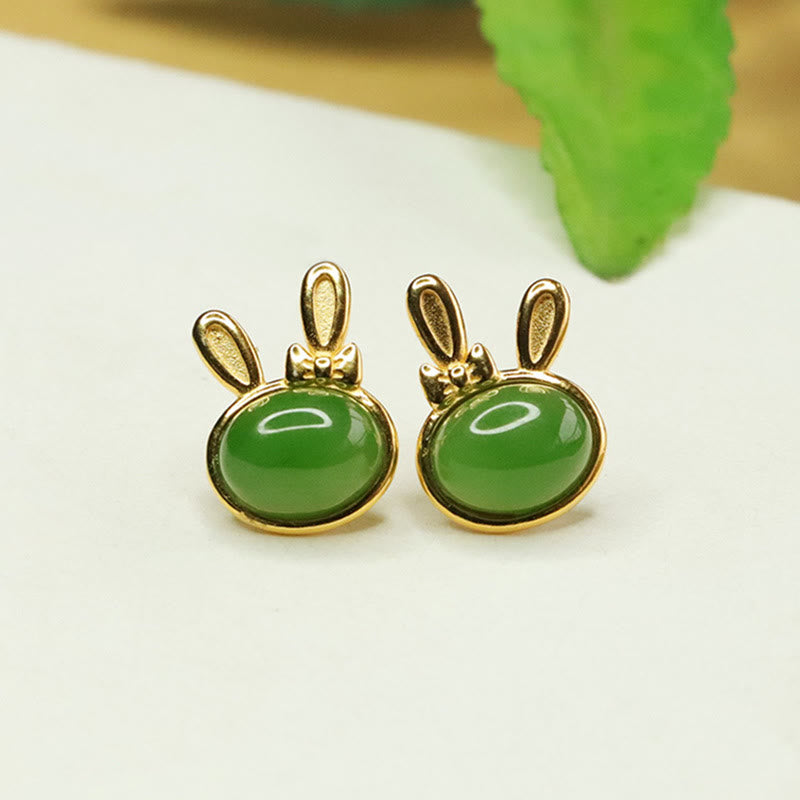 Fortune Jewel 925 Sterling Silver Hetian Cyan Jade Cute Rabbit Luck Stud Earrings