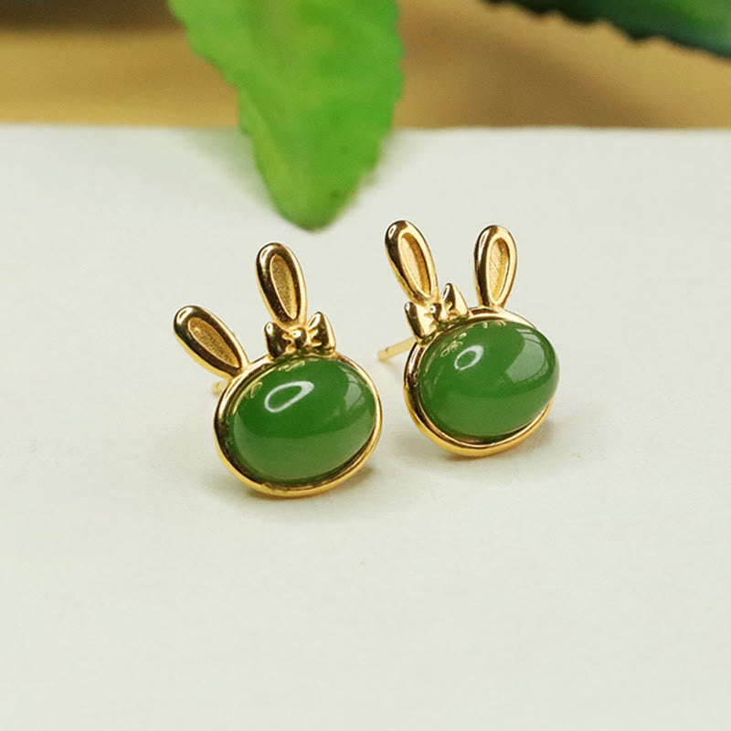 Fortune Jewel 925 Sterling Silver Hetian Cyan Jade Cute Rabbit Luck Stud Earrings