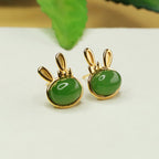 Fortune Jewel 925 Sterling Silver Hetian Cyan Jade Cute Rabbit Luck Stud Earrings