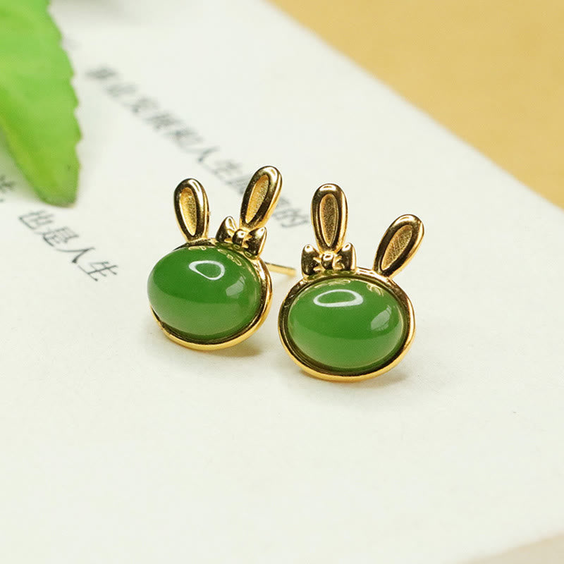 Fortune Jewel 925 Sterling Silver Hetian Cyan Jade Cute Rabbit Luck Stud Earrings