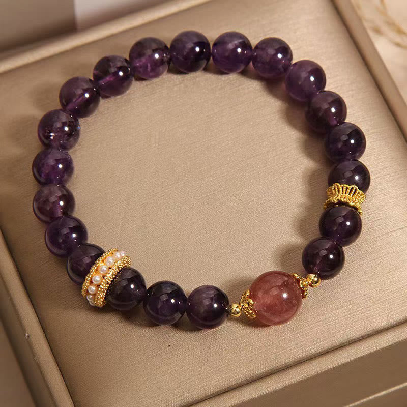 Fortune Jewel Natural Amethyst Lucky Strawberry Quartz Beads Peace Bracelet