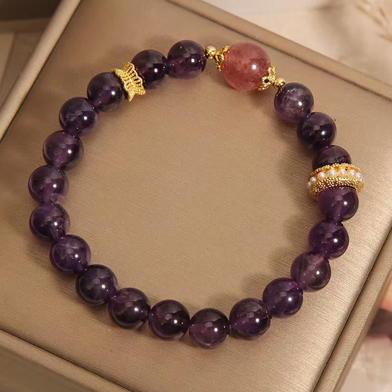 Fortune Jewel Natural Amethyst Lucky Strawberry Quartz Beads Peace Bracelet