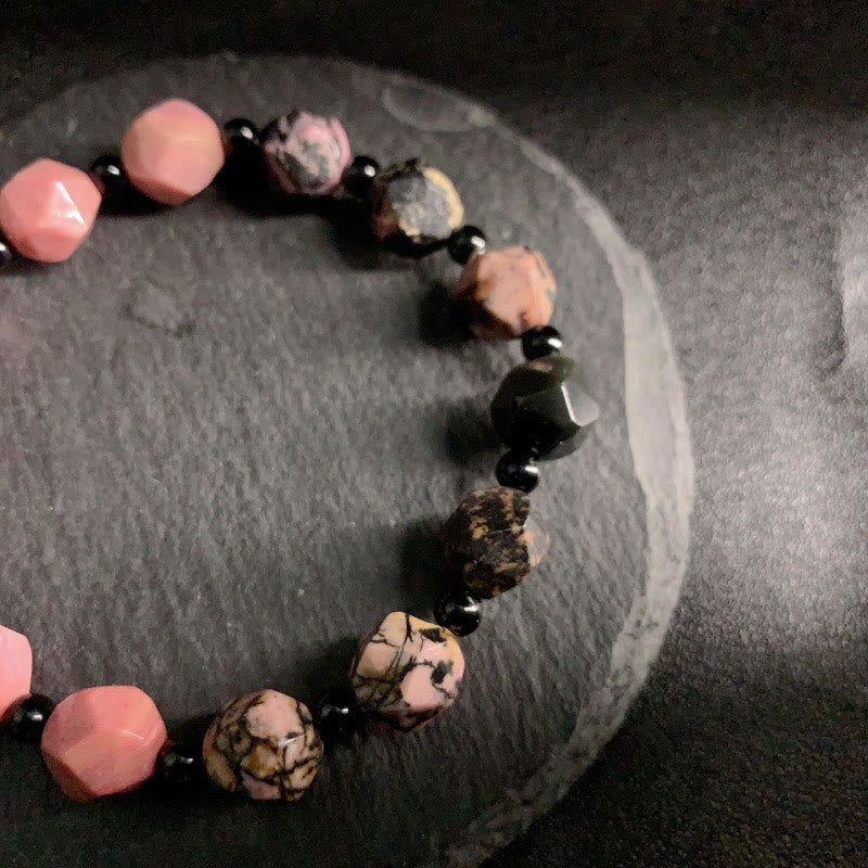 Fortune Jewel Natural Rhodonite Black Line Red Spot Stone Polygon Beads Healing Bracelet