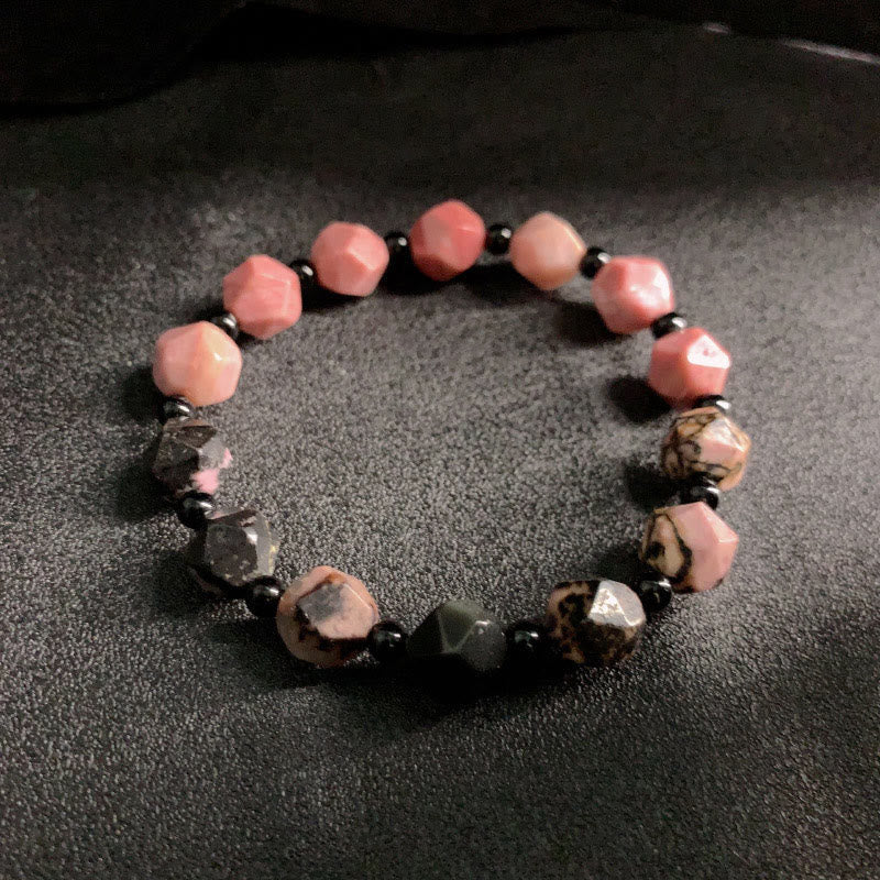 Fortune Jewel Natural Rhodonite Black Line Red Spot Stone Polygon Beads Healing Bracelet