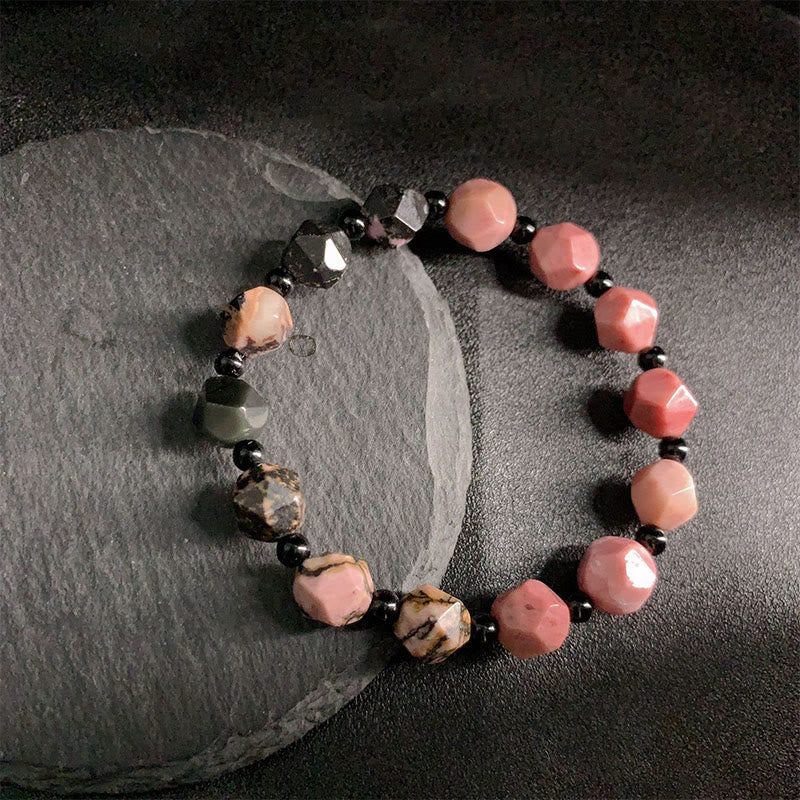 Fortune Jewel Natural Rhodonite Black Line Red Spot Stone Polygon Beads Healing Bracelet