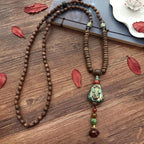 Fortune Jewel Tibetan Handmade Wenge Wood Protection Dzi Bead Elephant Head Necklace Pendant
