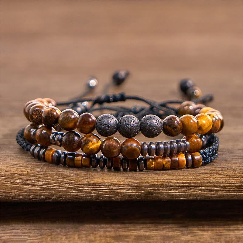 Fortune Jewel 3Pcs Tiger Eye Lava Rock Protection Bracelet Set