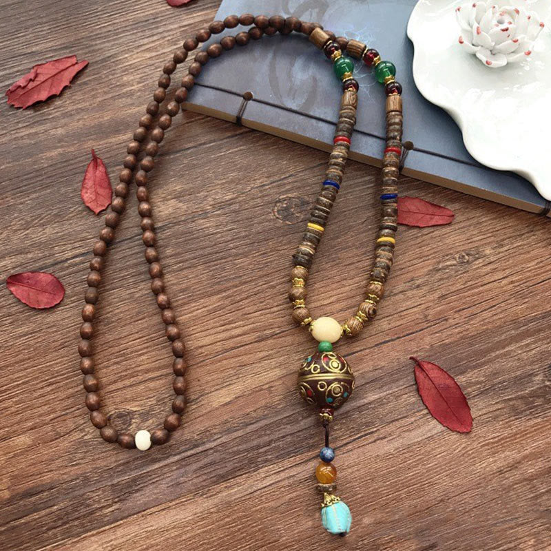 Fortune Jewel Tibetan Handmade Coconut Shell Schima Wood Great Bright Mantra Copper Bead Balance Necklace Pendant