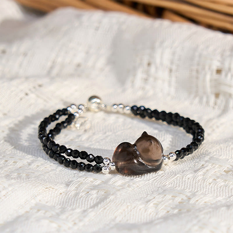 Fortune Jewel Ice Obsidian Black Spinel Lying Cat Courage Double Layer Bracelet