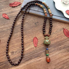 Fortune Jewel Tibetan Handmade Wenge Wood Protection Dzi Bead Elephant Head Necklace Pendant