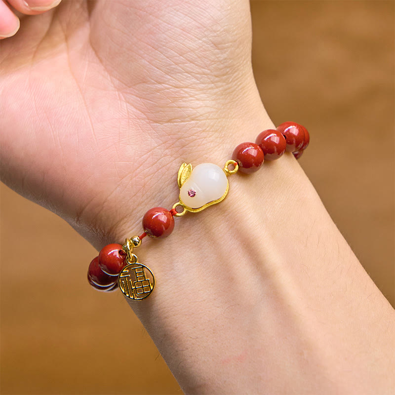 Fortune Jewel Cinnabar Rabbit Bunny Fu Character Blessing Bracelet
