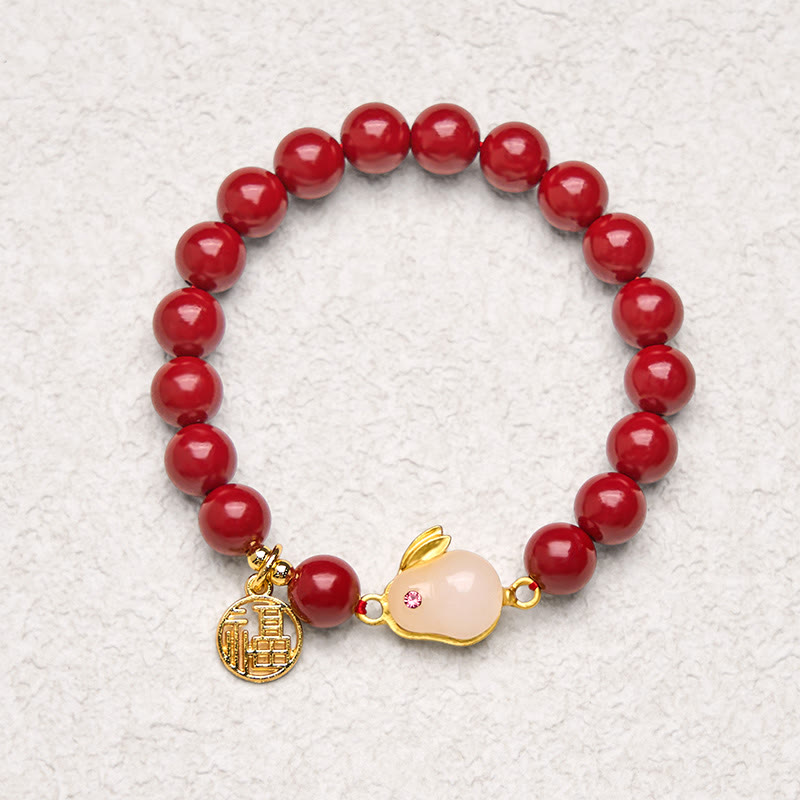 Fortune Jewel Cinnabar Rabbit Bunny Fu Character Blessing Bracelet