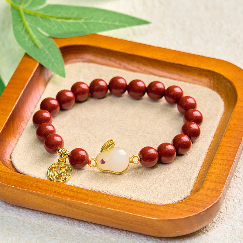 Fortune Jewel Cinnabar Rabbit Bunny Fu Character Blessing Bracelet