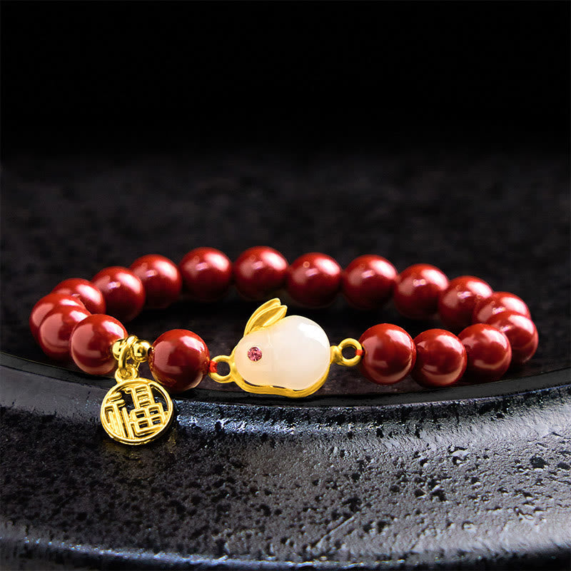 Fortune Jewel Cinnabar Rabbit Bunny Fu Character Blessing Bracelet