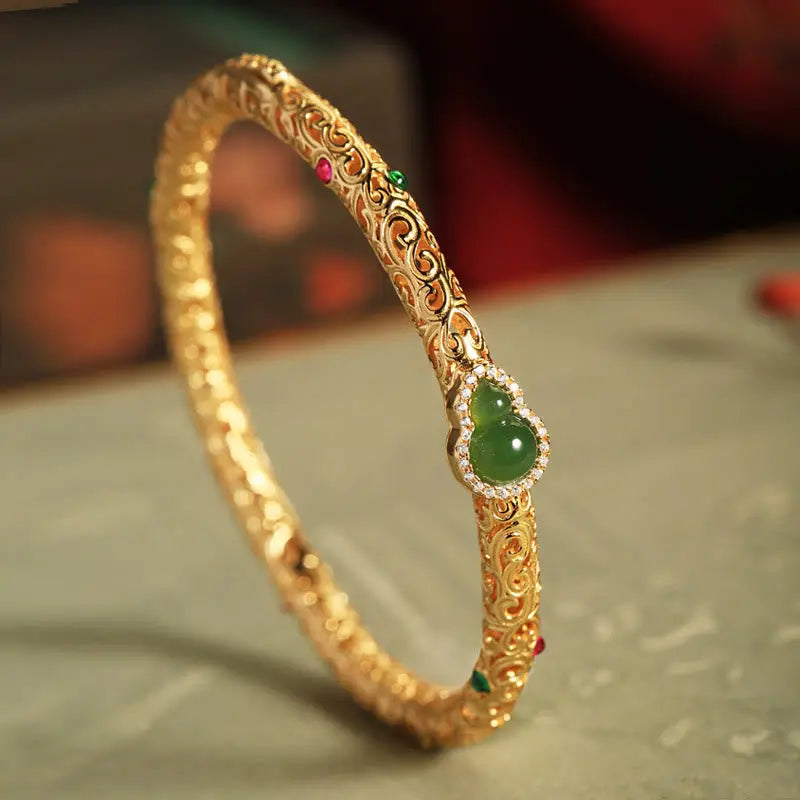 Fortune Jewel "Sending Health and Good Fortune" Cyan Jade Copper Bangle Includes Gift Message Card Fortune Jewel