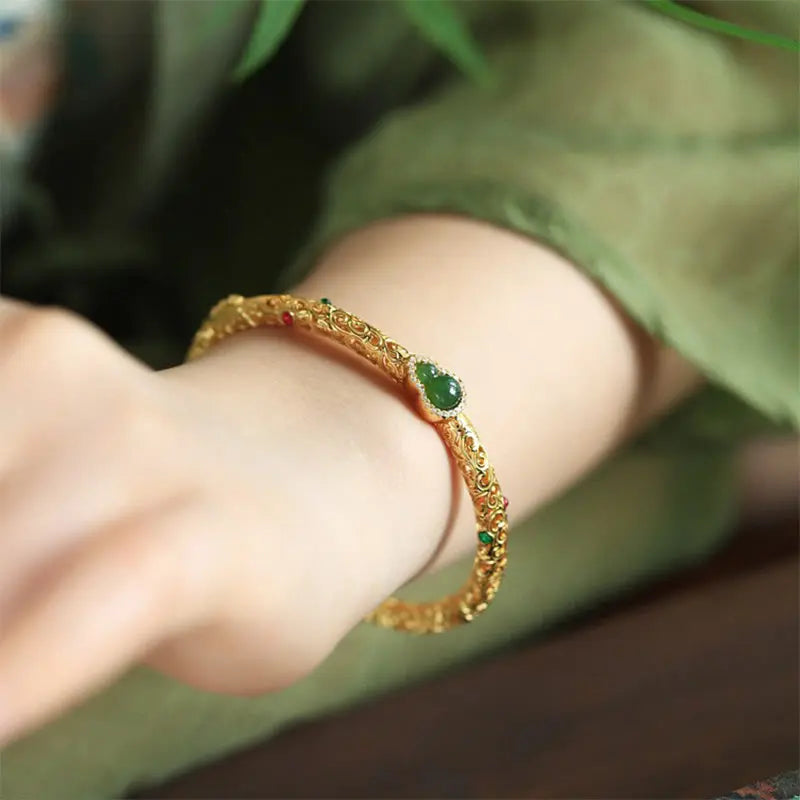 Fortune Jewel "Sending Health and Good Fortune" Cyan Jade Copper Bangle Includes Gift Message Card Fortune Jewel