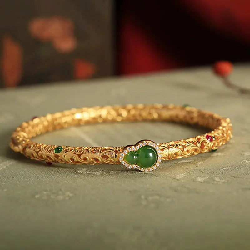 Fortune Jewel "Sending Health and Good Fortune" Cyan Jade Copper Bangle Includes Gift Message Card Fortune Jewel