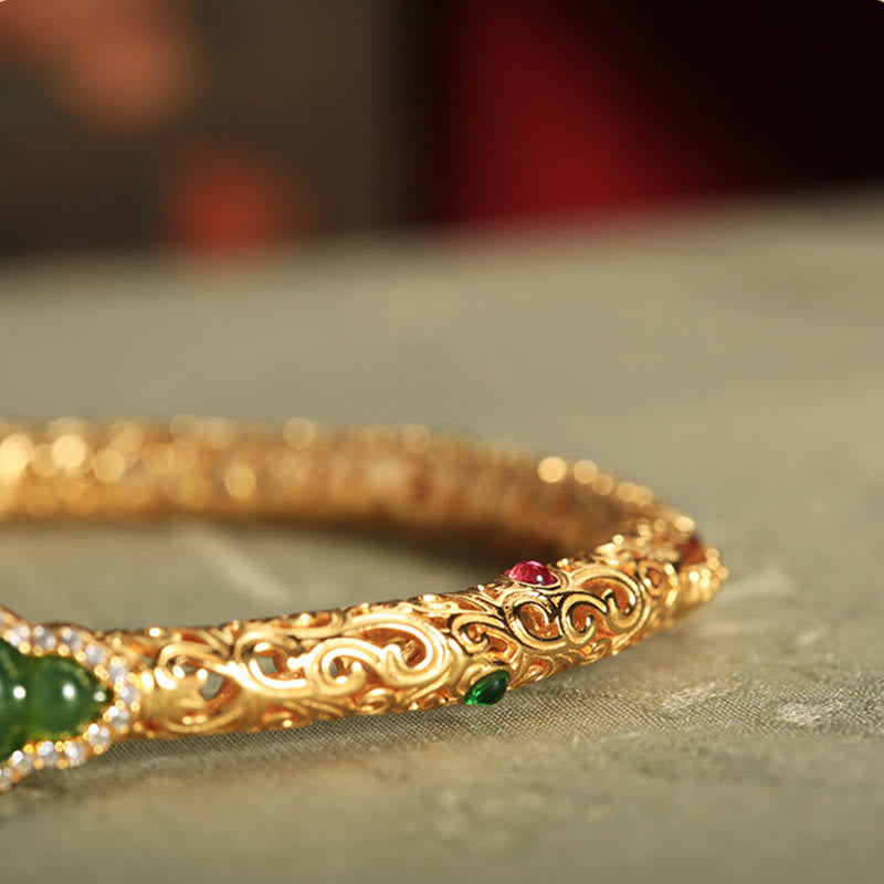 Fortune Jewel Cyan Jade Copper Plated Gold Auspicious Clouds Gourd Luck Bracelet Bangle