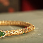 Fortune Jewel Cyan Jade Copper Plated Gold Auspicious Clouds Gourd Luck Bracelet Bangle