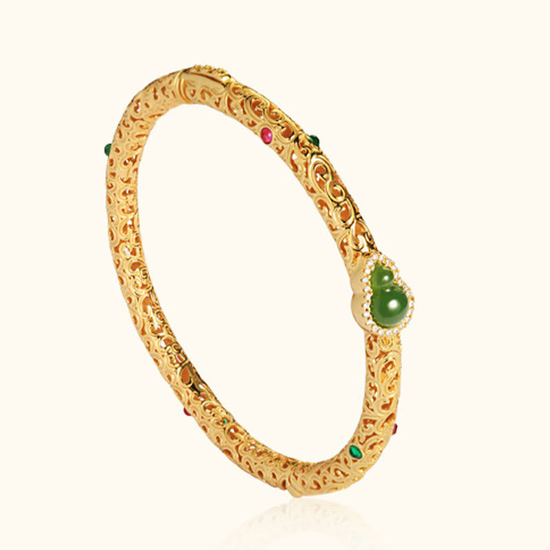 Fortune Jewel Cyan Jade Copper Plated Gold Auspicious Clouds Gourd Luck Bracelet Bangle
