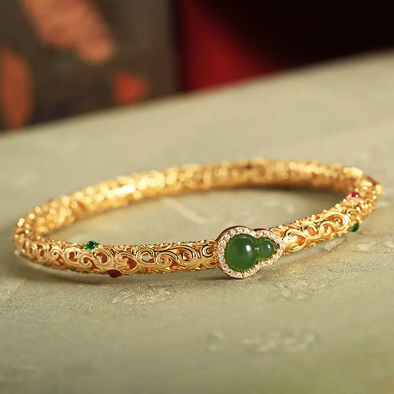 Fortune Jewel "Sending Health and Good Fortune" Cyan Jade Copper Bangle Includes Gift Message Card Fortune Jewel