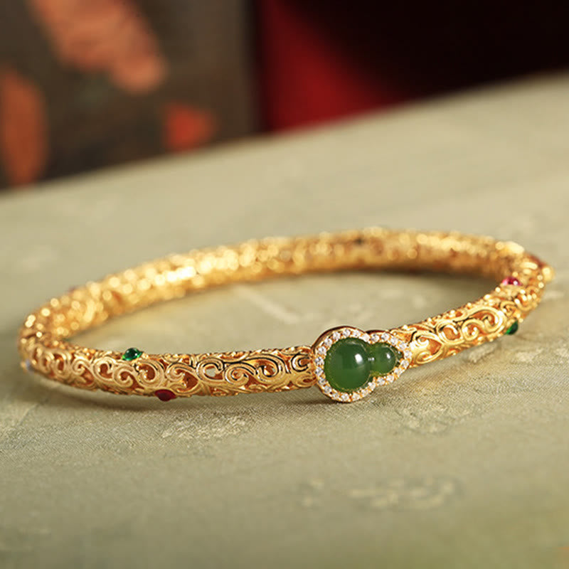 Fortune Jewel Cyan Jade Copper Plated Gold Auspicious Clouds Gourd Luck Bracelet Bangle