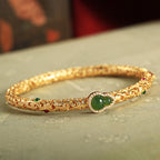 Fortune Jewel Cyan Jade Copper Plated Gold Auspicious Clouds Gourd Luck Bracelet Bangle