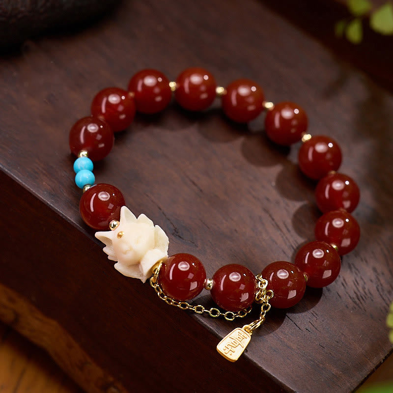 Fortune Jewel Nine Tailed Fox Joy Red Agate Ivory Fruit Copper Plated Gold Confidence Bracelet