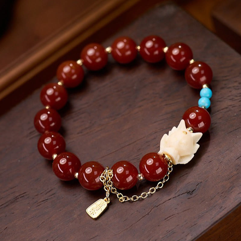 Fortune Jewel Nine Tailed Fox Joy Red Agate Ivory Fruit Copper Plated Gold Confidence Bracelet
