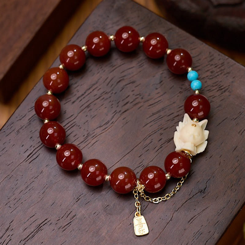 Fortune Jewel Nine Tailed Fox Joy Red Agate Ivory Fruit Copper Plated Gold Confidence Bracelet