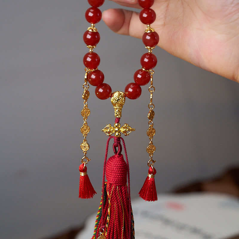 Fortune Jewel 18 Beads Copper Coins Tibet Tassel Red Agate Calm Wrist Mala