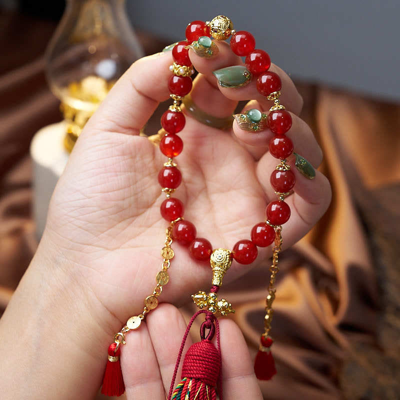 Fortune Jewel 18 Beads Copper Coins Tibet Tassel Red Agate Calm Wrist Mala