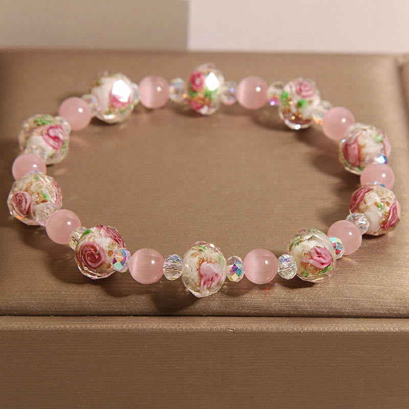 Fortune Jewel Pink Crystal Liuli Glass Bead Cat's Eye Warmth Bracelet