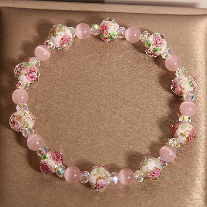 Fortune Jewel Pink Crystal Liuli Glass Bead Cat's Eye Warmth Bracelet