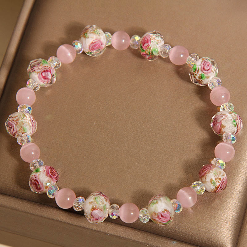 Fortune Jewel Pink Crystal Liuli Glass Bead Cat's Eye Warmth Bracelet