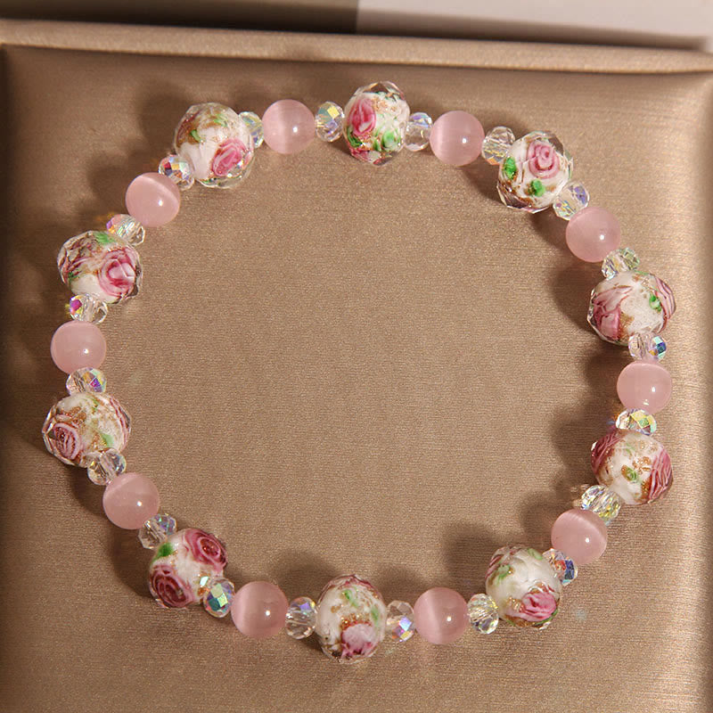 Fortune Jewel Pink Crystal Liuli Glass Bead Cat's Eye Warmth Bracelet