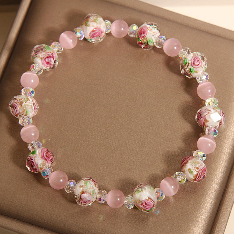 Fortune Jewel Pink Crystal Liuli Glass Bead Cat's Eye Warmth Bracelet
