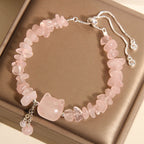 Fortune Jewel Natural Pink Crystal Agate Gravel Stone Cat Head Soothing Bracelet