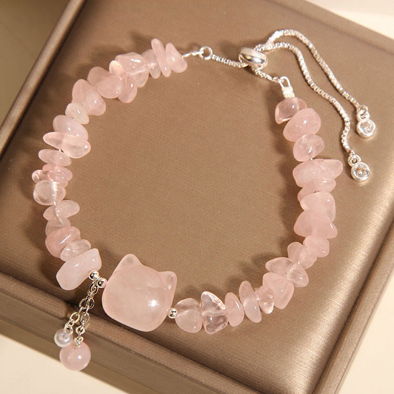 Fortune Jewel Natural Pink Crystal Agate Gravel Stone Cat Head Soothing Bracelet