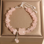 Fortune Jewel Natural Pink Crystal Agate Gravel Stone Cat Head Soothing Bracelet