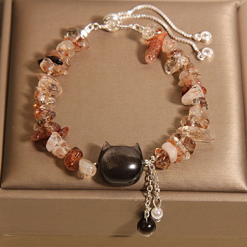 Fortune Jewel Natural Pink Crystal Agate Gravel Stone Cat Head Soothing Bracelet